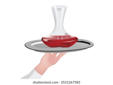 Waiter is holding a tray with a carafe of red wine on it