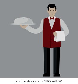 Waiter Is Holding Tray In Classic Uniform