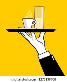 Waiter holding tray of coffee and water glass
