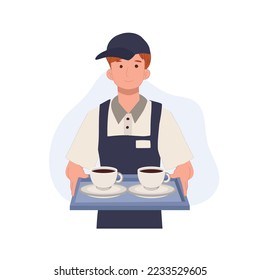 Waiter holding tray with cups of coffeee or tea ,serving concept. flat vector cartoon character illustration.