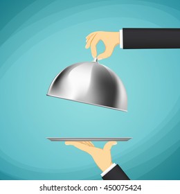 Waiter holding a tray with a dome in his hands. Stock Vector cartoon illustration.