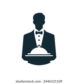 Waiter holding tray icon. Restaurant waiter, waitress, silhoutte icon symbol in line and flat style. Simple tuxedo silhouette of a man