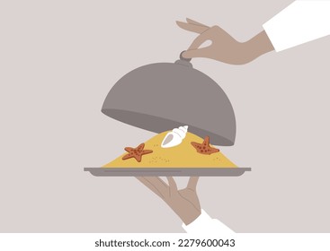 Waiter holding a tray and lifting a cloche, revealing a dessert served under the lid that resembles beach sand with sea stars and shells
