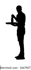 Waiter holding tray with order drinks for guests vector silhouette. Servant in restaurant taking orders. Worker in pub serve food and drinks for client. Barman welcomes guest. Cocktails and beverage.
