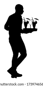 Kellner mit Tablett mit Bestellung Getränke für Gäste Vektor Silhouette. Im Restaurant servieren wir auf Bestellung. Die Mitarbeiter im Pub servieren Weingetränke für den Kunden. Barman begrüßt den Gast. Cocktails und Getränke.