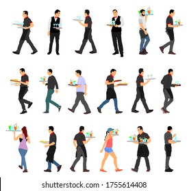 Waiter holding tray with order drinks for guests vector illustration. Servant in restaurant taking orders. Worker in pub serve food and drinks for client. Barman welcomes guest. Cocktails and beverage