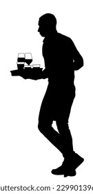 Cubierta de agua con las bebidas de pedido para los huéspedes de la silueta vectorial. Sirve en el restaurante siguiendo órdenes. Los trabajadores del pub sirven bebidas de vino para el cliente. Barman da la bienvenida a un invitado. Cócteles y bebidas.
