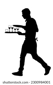 Waiter holding tray with order drinks for guests vector silhouette. Servant in restaurant taking orders. Worker in pub serve wine drinks for client. Barman welcomes guest. Cocktails and beverage.