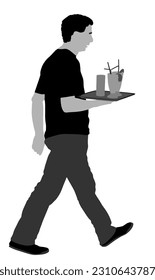 Bandeja de espera con bebidas de pedido para invitados ilustraciones vectoriales aisladas. El criado del restaurante toma órdenes. El pub sirve bebidas para el cliente. Barman da la bienvenida a un invitado. Cócteles y bebidas.