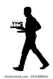 Waiter holding tray with order drinks for guests vector silhouette. Servant in restaurant taking orders. Worker in pub serve wine drinks for client. Barman welcomes guest. Cocktails and beverage.