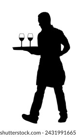 Waiter holding tray with order drinks for guests vector silhouette. Servant in restaurant taking orders. Worker in pub serve wine drinks for client. Barman welcomes guest. Cocktails and beverage.