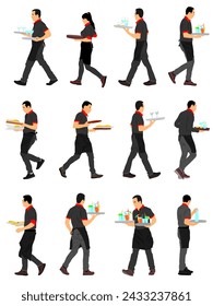 Waiter holding tray with order drinks for guests vector illustration. Servant in restaurant taking orders. Pub worker girl serve wine drinks for client. Barman welcomes guest. Cocktails  beverage.