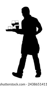 Camarero que sostiene la bandeja con las bebidas de la orden para la silueta del vector de los invitados. Sirviente en el restaurante tomando órdenes. Trabajador en el pub sirven bebidas de vino para el cliente. Barman da la bienvenida a los huéspedes. Cócteles y bebidas.