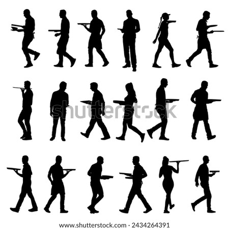 Waiter holding tray with order drinks for guests vector silhouette. Servant in restaurant taking orders. Worker in pub serve wine drinks for client. Barman welcomes guest. Cocktails and beverage.