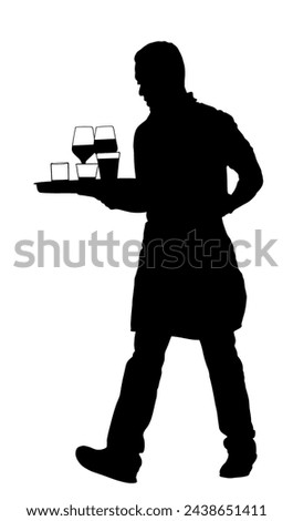 Waiter holding tray with order drinks for guests vector silhouette. Servant in restaurant taking orders. Worker in pub serve wine drinks for client. Barman welcomes guest. Cocktails and beverage.
