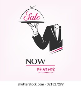 Waiter is holding a tray with a sale sign. Sale vector for any shop.