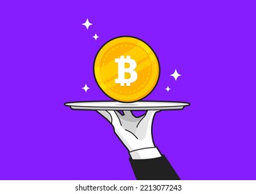 Waiter holding tray or salver and offering gold Bitcoin cryptocurrency coin. vector