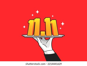 Waiter holding tray or salver and offering 11.11 shopping day promotion. Hand lifting tray, Number 11.11 in the tray. vector