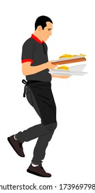 Waiter holding tray with soup food for guest vector illustration. Servant in restaurant taking order. Worker in pub serve burgers and french fries for client. Barman welcomes guest. Gastronomy cuisine
