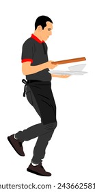 Waiter holding tray with soup food for guest vector illustration. Servant in restaurant taking order. Worker in pub serve burgers and french fries for client. Barman welcomes guest. Gastronomy cuisine