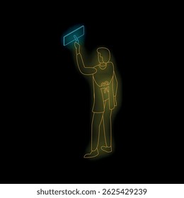 Waiter holding a tray taking order using futuristic technology neon line art