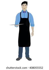 Waiter holding tray. Vector illustration