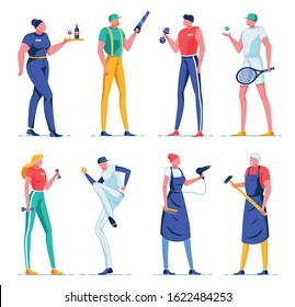 Waiter Holding Tray with Wine Bottle and Glass, Man Holding Saw Flat Cartoon Vector Illustration. Sportsman and Woman Exercising with Dumbbells. Tennis Equipment. Hairdresser with Comb and Fan.