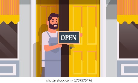 waiter holding welcome we are open sign coronavirus quarantine is ending victory over covid-19 concept street cafe exterior portrait horizontal vector illustration