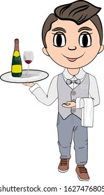 Waiter holds a bottle of wine and a glass. Vector Illustration.