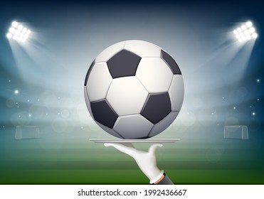 Waiter holds a dish with a soccer ball against the background of the stadium. Vector illustration.