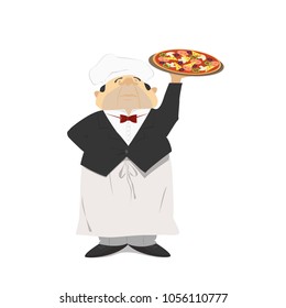 The waiter holds a pizza, Italian pizza in a restaurant. The waiter of pizzeria. Cartoon, retro