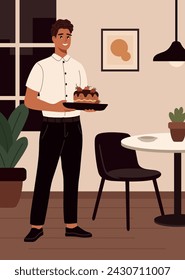 Waiter holds a tray with berry cake, dessert. Young man, cafe or restaurant staff, servant vector