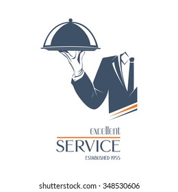 Waiter holds a tray with a lid over white background. Simple illustration vector logo, isolated. Excellent service sign. Classic banner or label for restaurants, cafe and any business. 