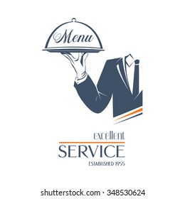 Waiter holds a tray with sign Menu over white background. Simple illustration vector logo, isolated. Excellent service sign. Classic banner or label for restaurants, cafe and any business. 