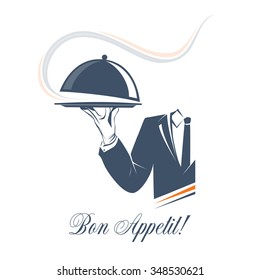 Waiter holds a tray with smoke under lid over white background. Simple illustration vector logo, isolated. Bon Appetit sign. Classic banner or label for restaurants, cafe and any business. 