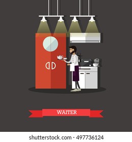 Waiter holds a tray with tea cup. Restaurant concept vector illustration in flat style design. Kitchen interior.