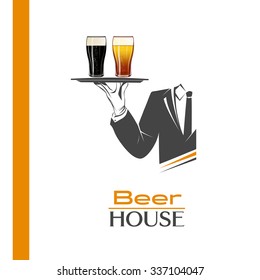 Waiter holds a tray with two pints of cold beer vector isolated. Classic banner or logo for restaurants, cafes or any bar and pub. Beer house sign. Perfect design for pub menu. Brewery poster.
