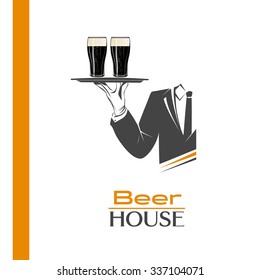 Waiter holds a tray with two pints of cold beer vector isolated. Classic banner or logo for restaurants, cafes or any bar and pub. Beer house sign. Perfect design for pub menu. Brewery poster.
