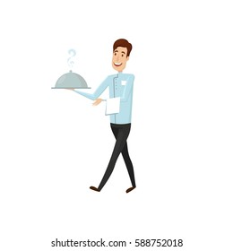 A waiter with a hot dish in the restaurant. Vector illustration on a white background.