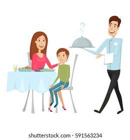 A waiter with a hot dish in the restaurant. Vector illustration on a white background. Flat and cartoon style.