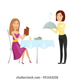 A waiter with a hot dish in the restaurant. Vector illustration on a white background. Flat and cartoon style.