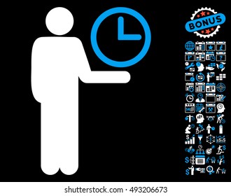 Waiter icon with bonus calendar and time management design elements. Vector illustration style is flat iconic bicolor symbols, blue and white colors, black background.
