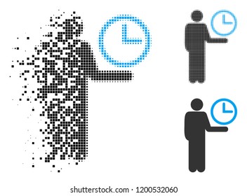 Waiter icon in disappearing, dotted halftone and undamaged whole versions. Cells are combined into vector dissolving waiter icon. Disappearing effect uses rectangle particles.