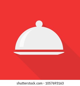 waiter icon in flat style with long shadow, isolated vector illustration on red transparent background. waiter tray