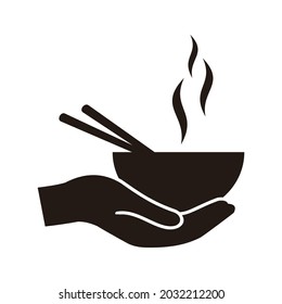 waiter icon giving food, bowl of noodles with chopsticks on white background