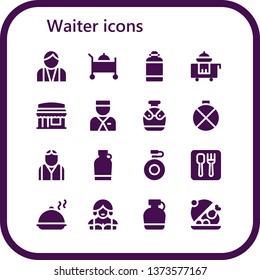waiter icon set. 16 filled waiter icons.  Simple modern icons about  - Bartender, Room service, Canteen, Restaurant, Bellboy, Salver, Waitress