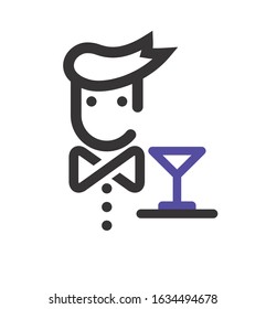 Waiter icon with tie bow and glass of cocktail isolated on white background. Flat style vectorgraphic design. Bartender vector illustration for branding. Barista icon with outlines for logo.