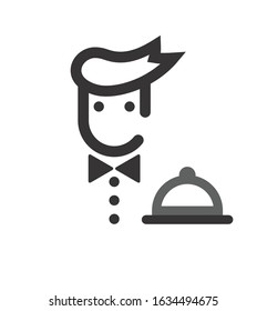 Waiter icon with tie bow and tray  isolated on white background. Flat style vectorgraphic design. Waiter vector illustration for branding. Waiter icon with outlines. Waiter symbol for logo.