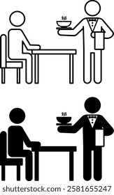 Waiter Icons. Black and White Vector Icons. Catering Worker Serving Customers. Waiter with Bow Tie Serves Hot Soup to Customer. Restaurant Concept