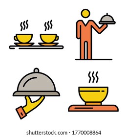 Iconos de espera establecidos. Conjunto de esquemas de iconos vectoriales del camarero color de línea delgada plano sobre blanco